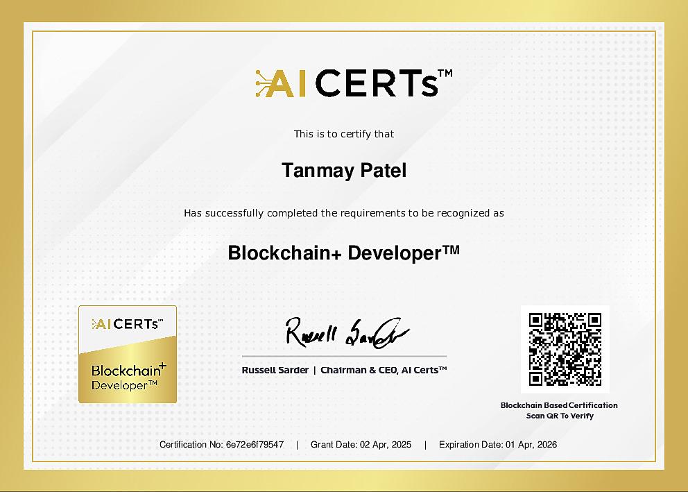 Certificate Earned By Tanmay Patel