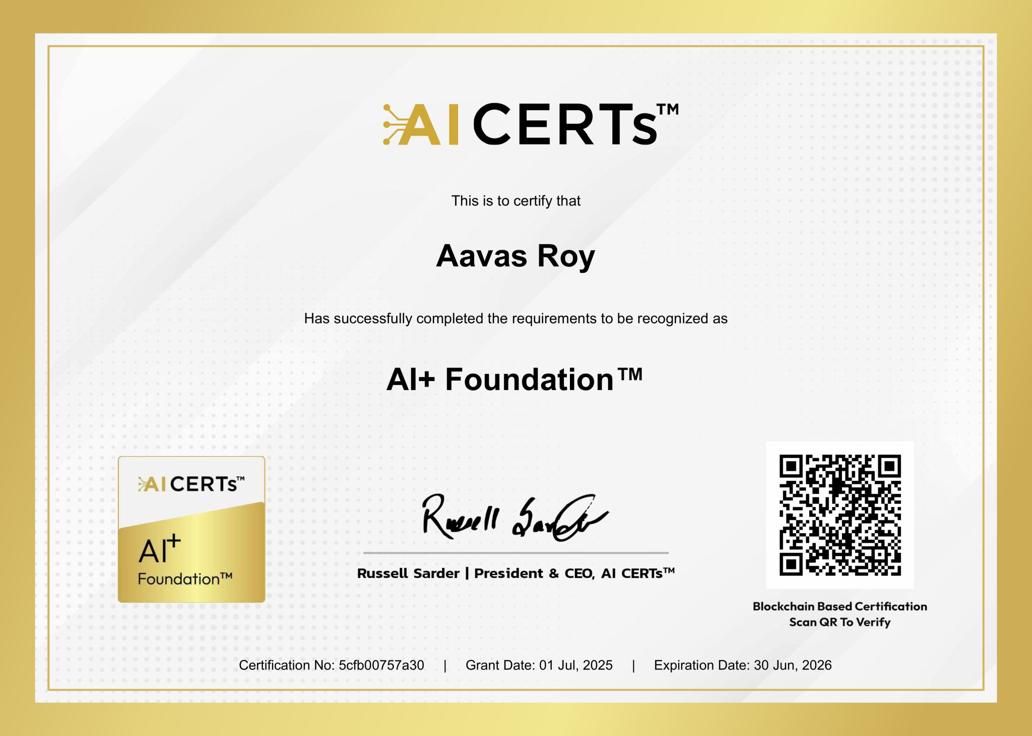 Certificate Earned By Aavas Roy