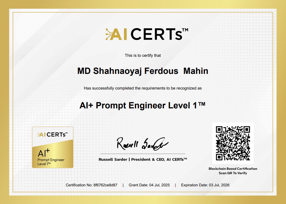 Certificate Earned By MD. Shahnaoyaj Ferdous Mahin
