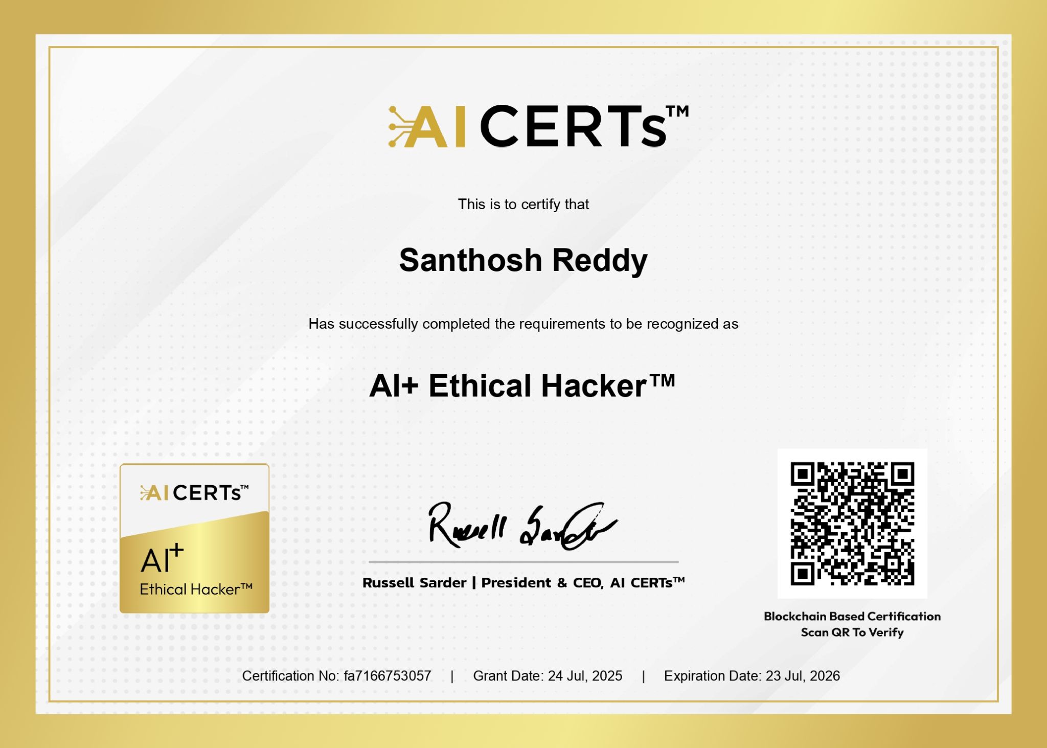 Certificate Earned By Santhosh Reddy Vallem