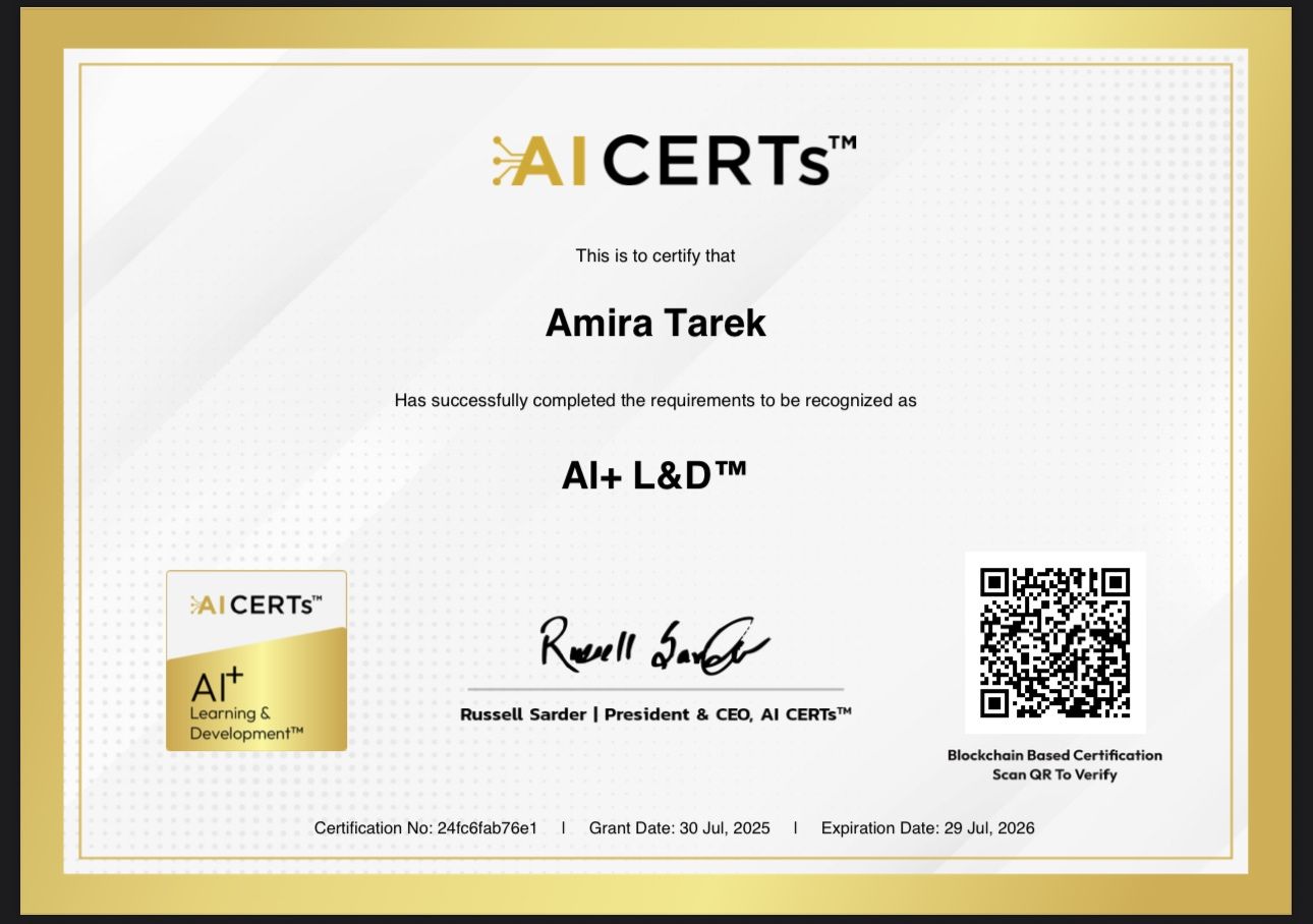 Certificate Earned By Eng. Amira Tarek