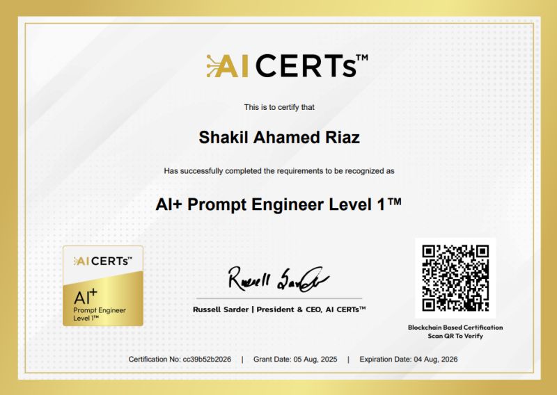 Certificate Earned By Shakil Ahamed Riaz