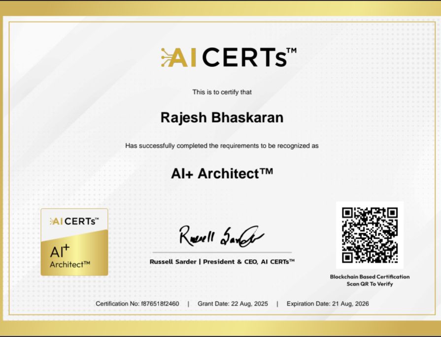 Certificate Earned By Rajesh Bhaskaran