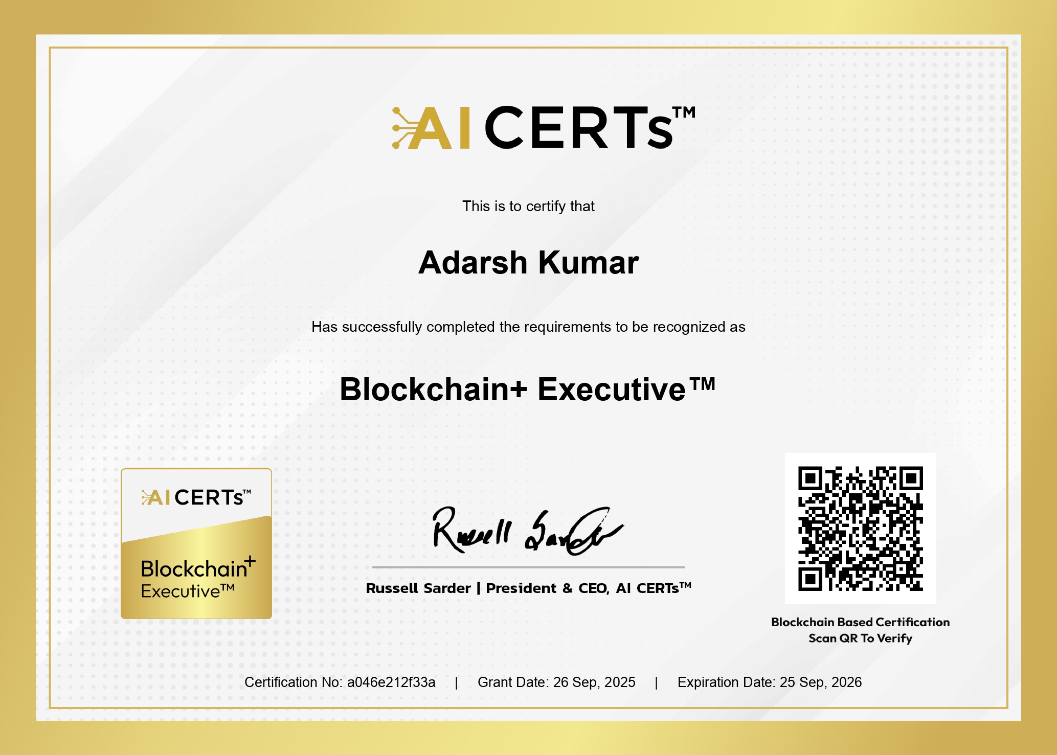 Certificate Earned By Adarsh Kumar