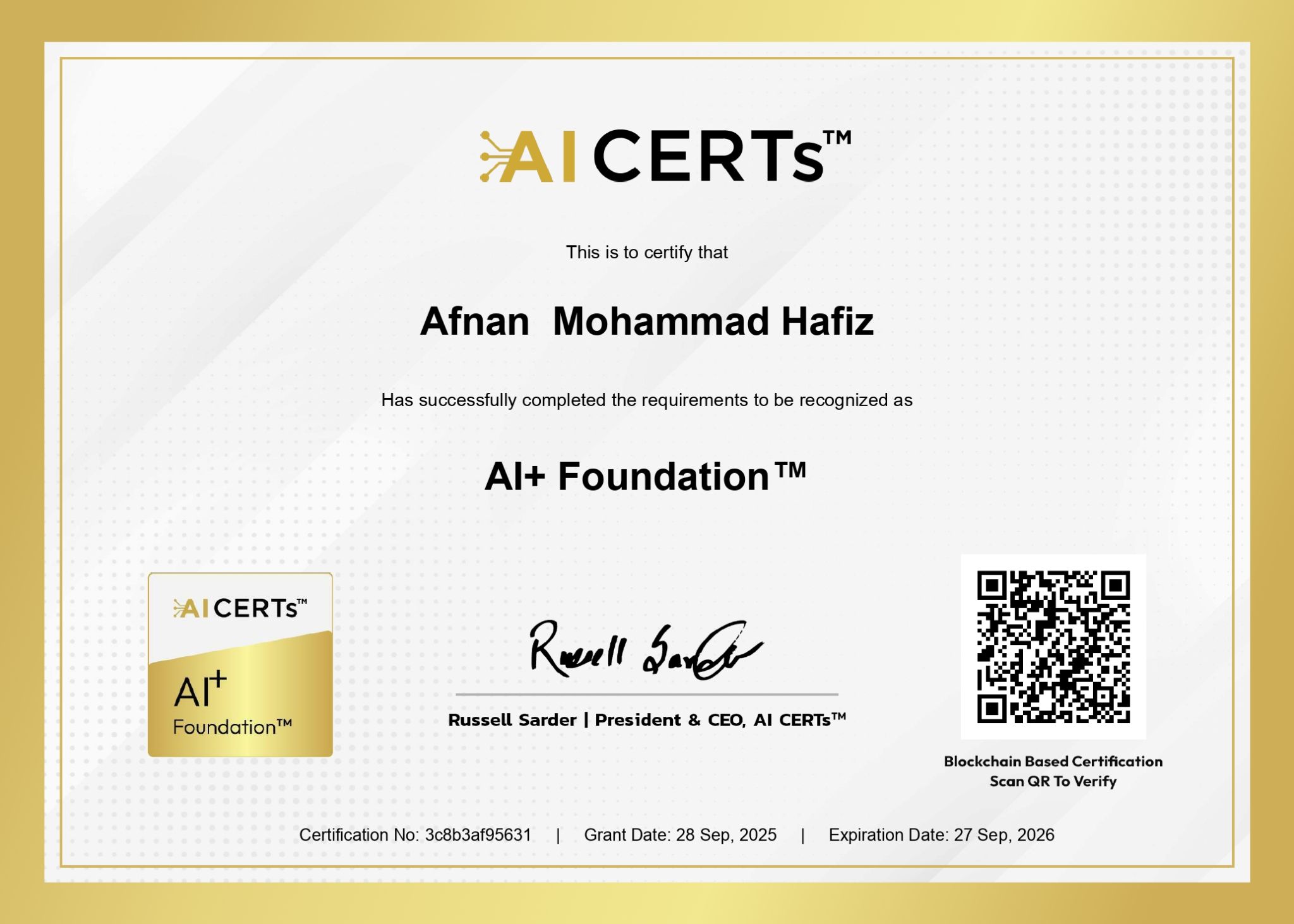 Certificate Earned By Afnan Mohammad Hafiz