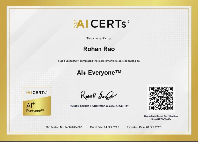 Certificate Earned By Rohan Rao
