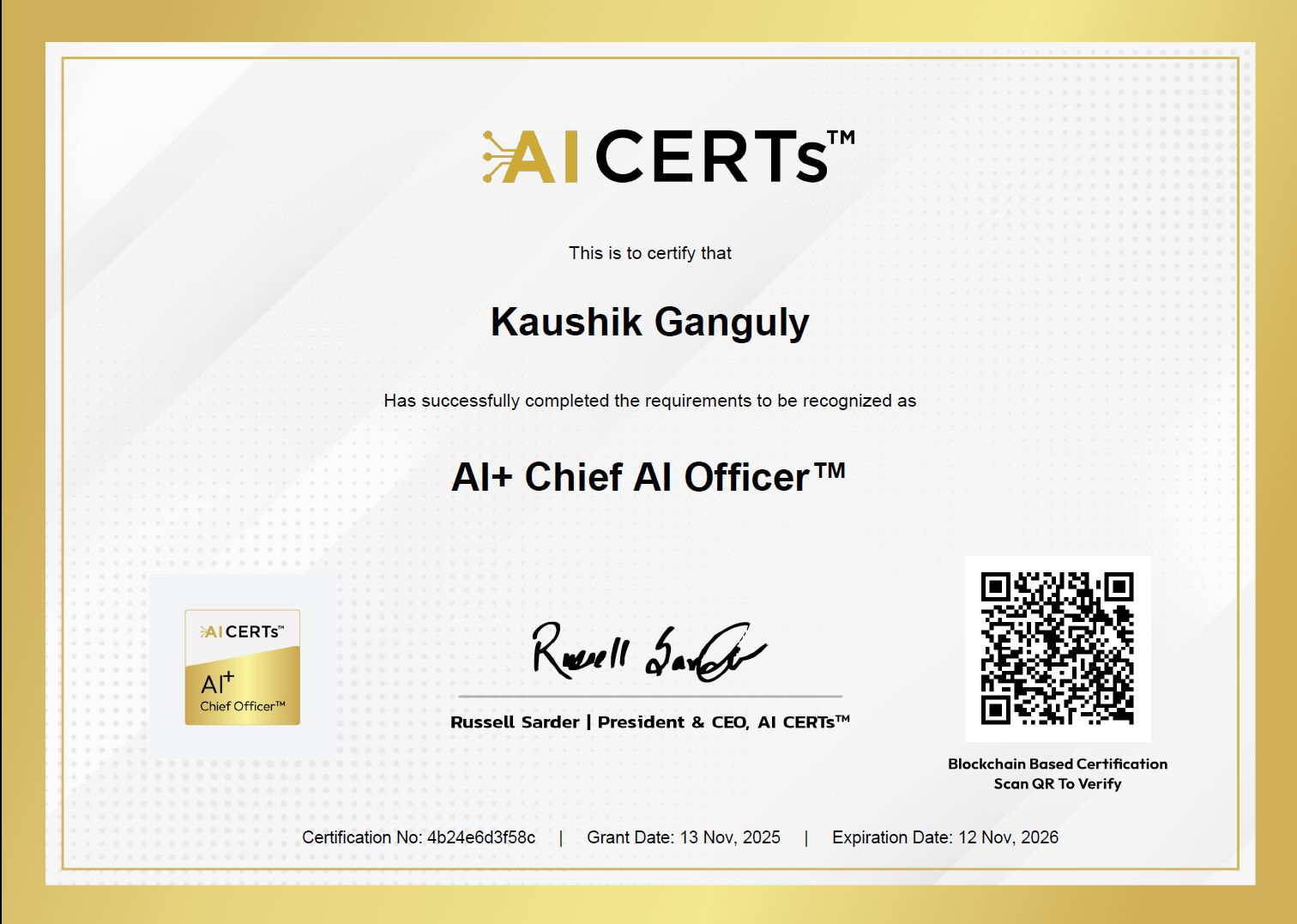 Certificate Earned By Kaushik Ganguly
