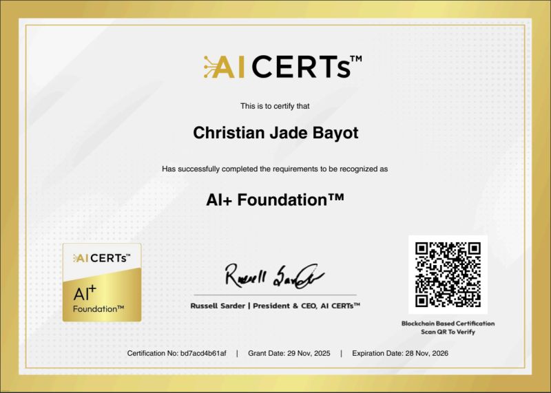 Certificate Earned By Christian Jade Bayo
