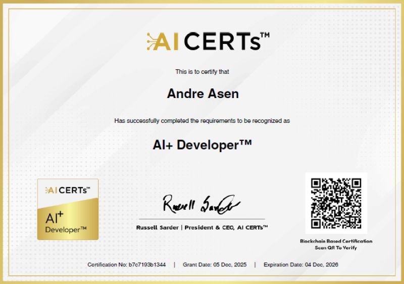 Certificate Earned By André Asen, BCS, MPM, AI