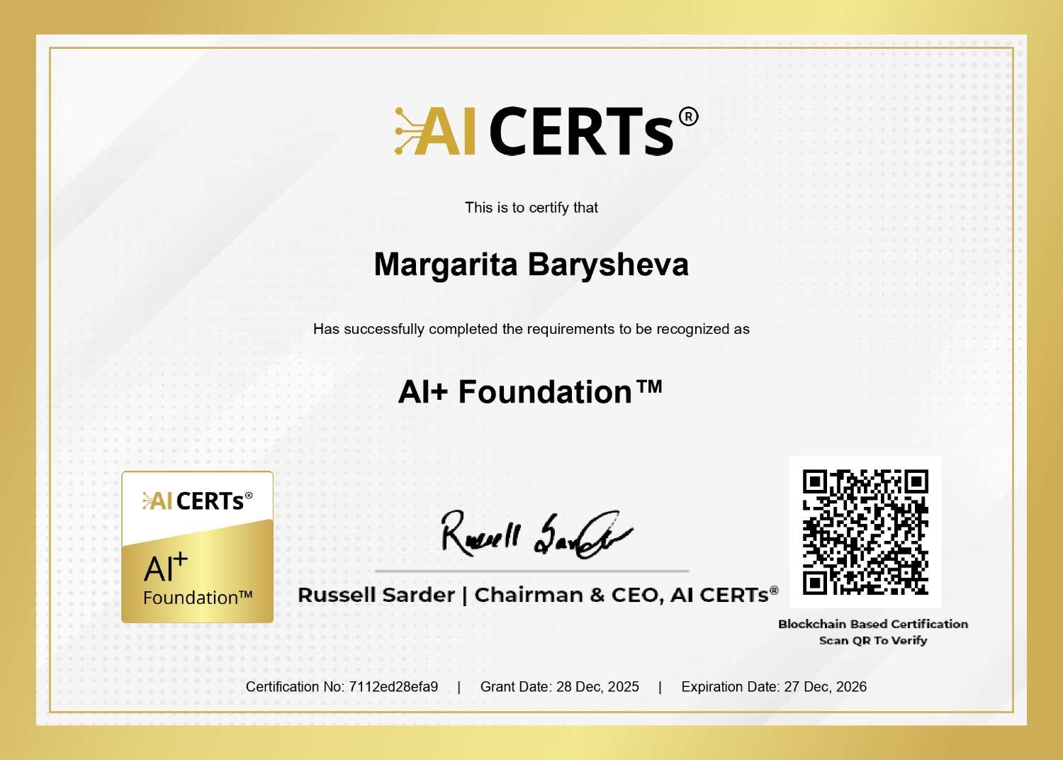 Certificate Earned By Margarita Barysheva