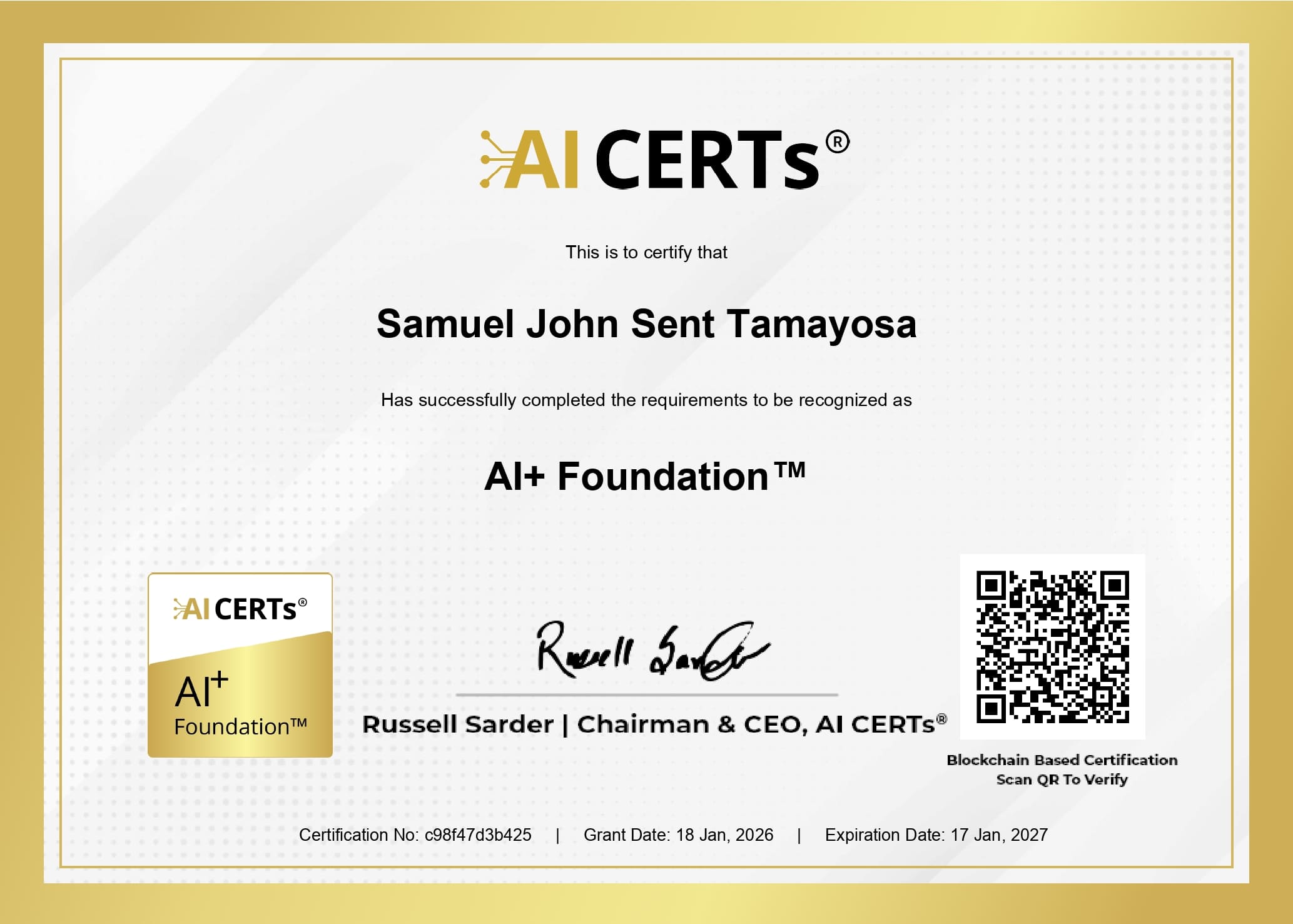 Certificate Earned By Sam Tamayosa