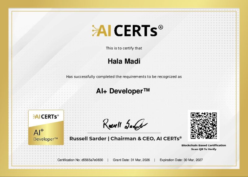 Certificate Earned By Hala Madi