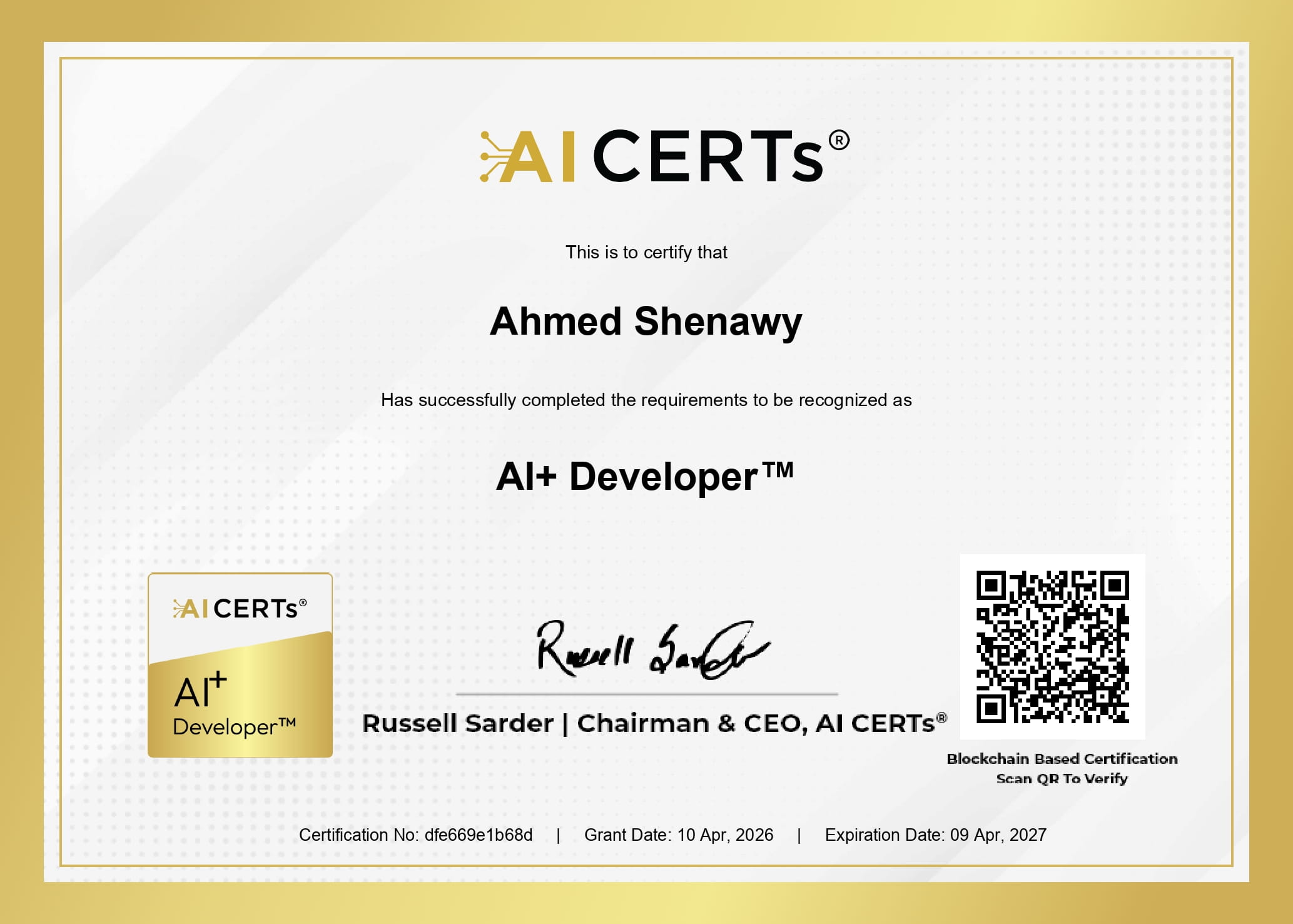 Certificate Earned By Ahmed Shenawy