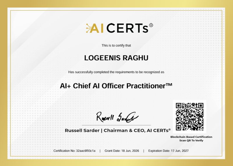 Certificate Earned By Logeenis Raghu