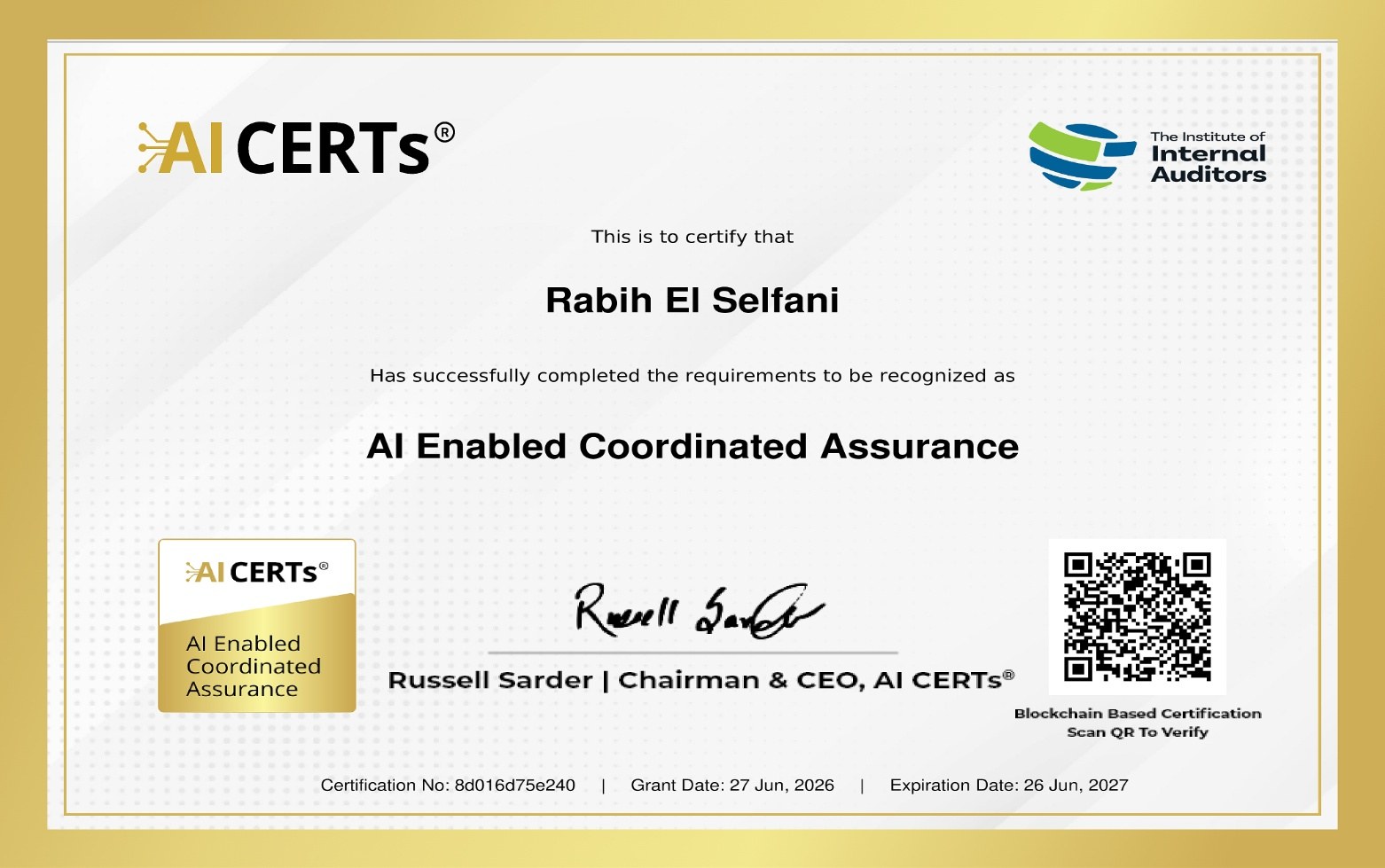 Certificate Earned By Rabih El Selfani CFE CIA CRMA CPA CPFA CISA GRCA