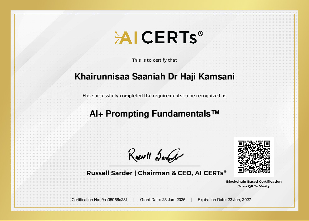 Certificate Earned By Khairunnisaa Saaniah Dr Haji Kamsani