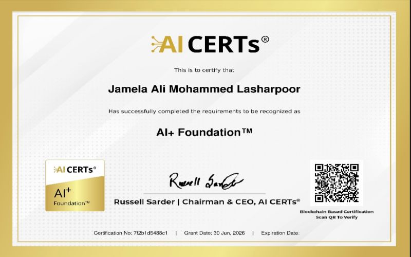 Certificate Earned By Jamela Ali Lasharpoor