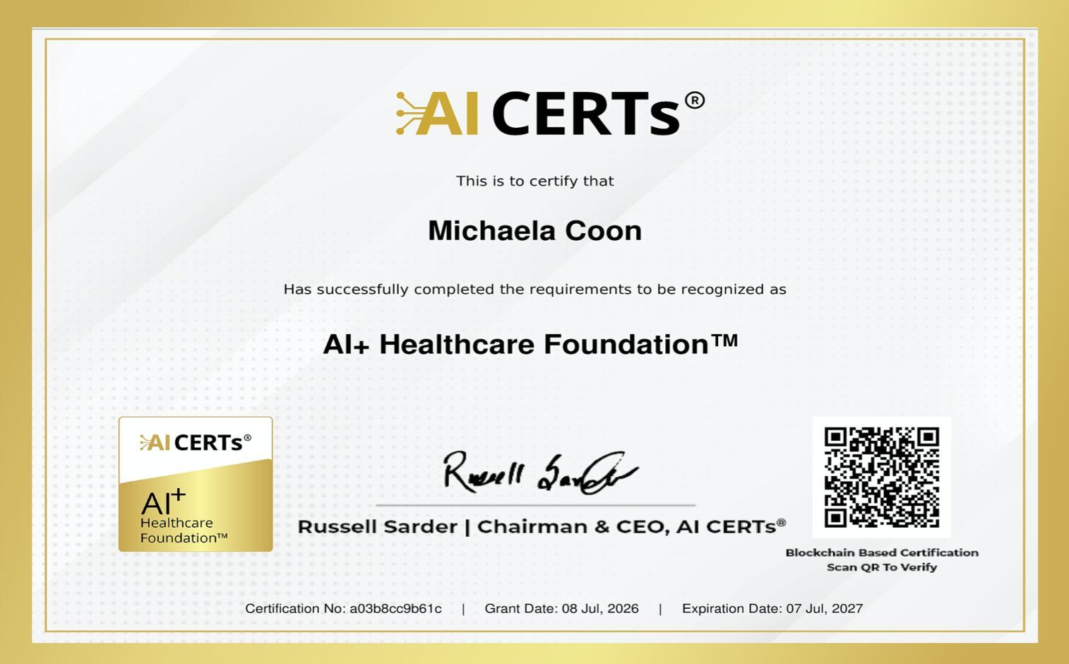 Certificate Earned By Michaela Coon