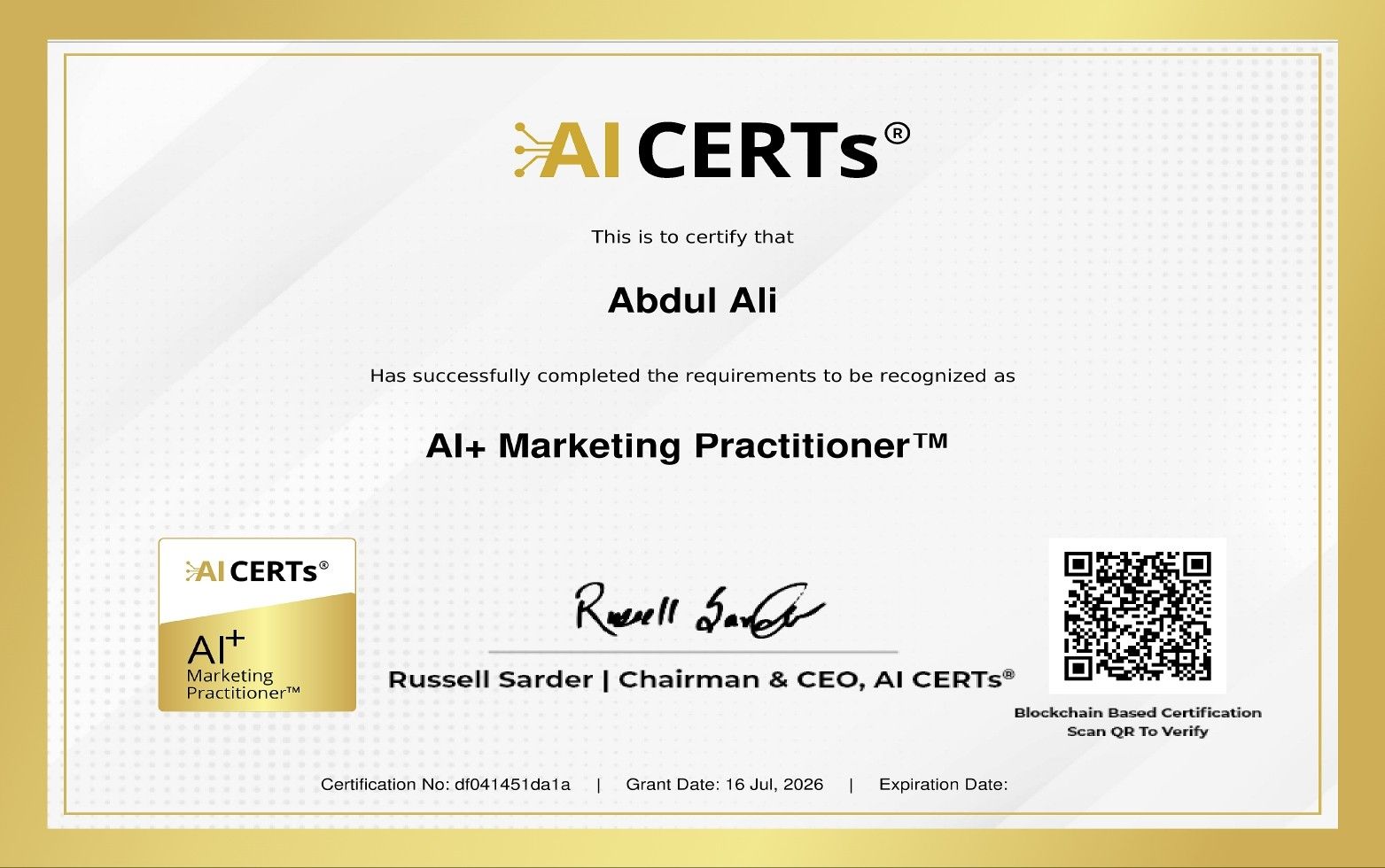 Certificate Earned By Abdul Ali
