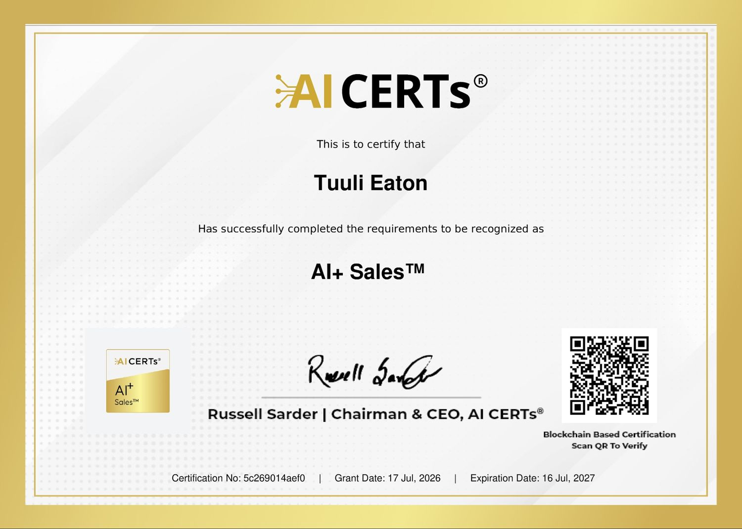 Certificate Earned By Tuuli (Sornikivi) Eaton