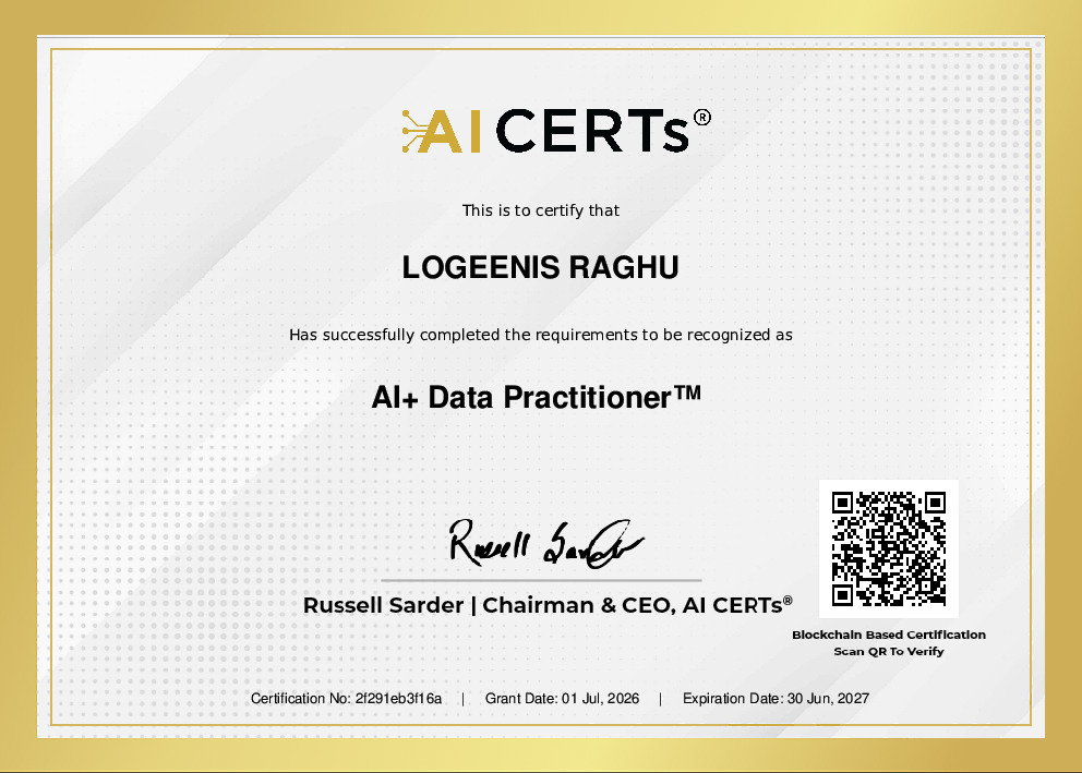 Certificate Earned By Logeenis Raghu